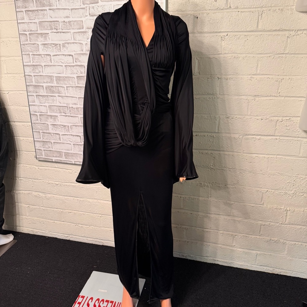 Givenchy SS14 Viscose Drapey Dress Black size FR 34 Leather trim Front Slit - Picture 13 of 14